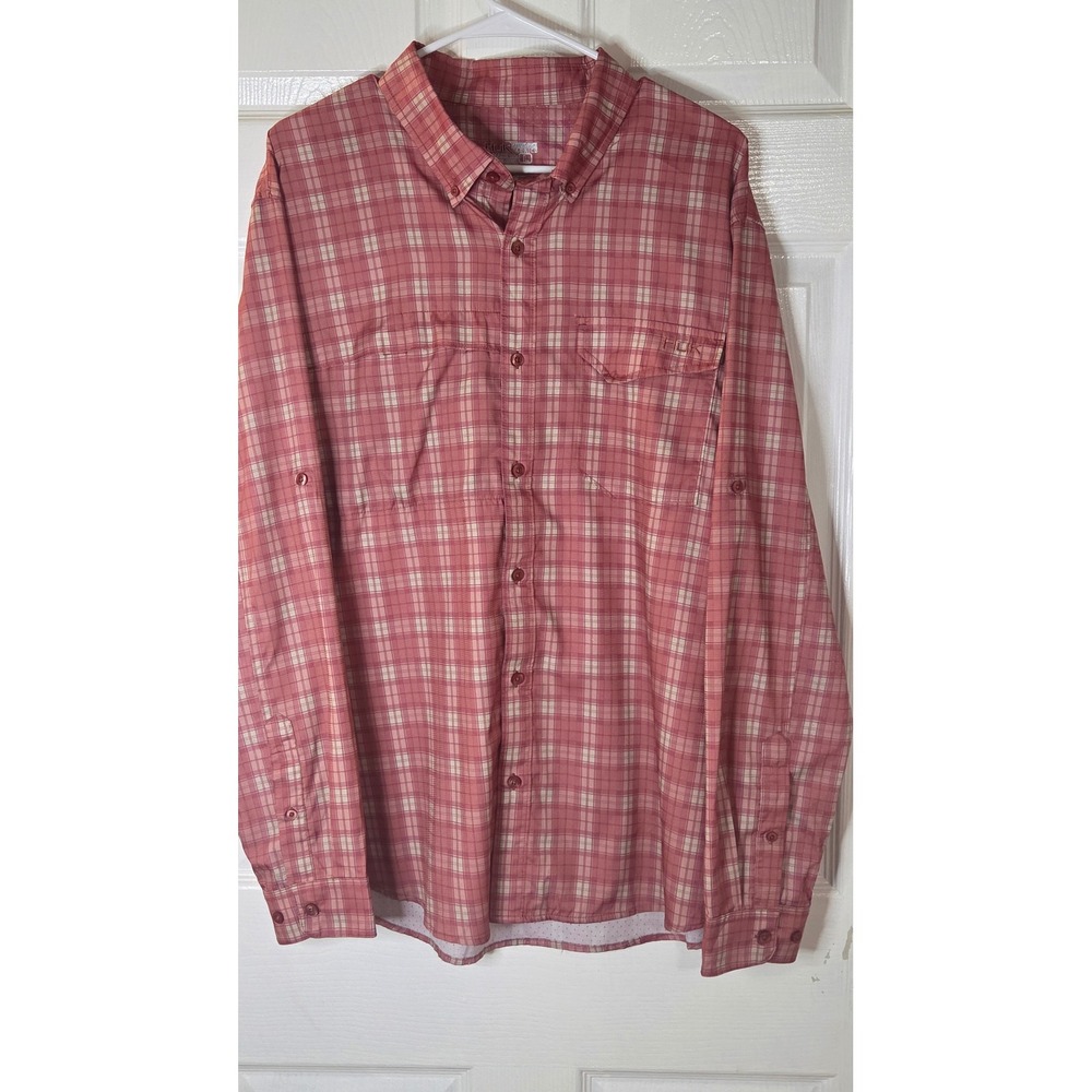Huk Performance Fabrics Mens Large Red Plaid Long Sleeve Fishing Shirt Vent